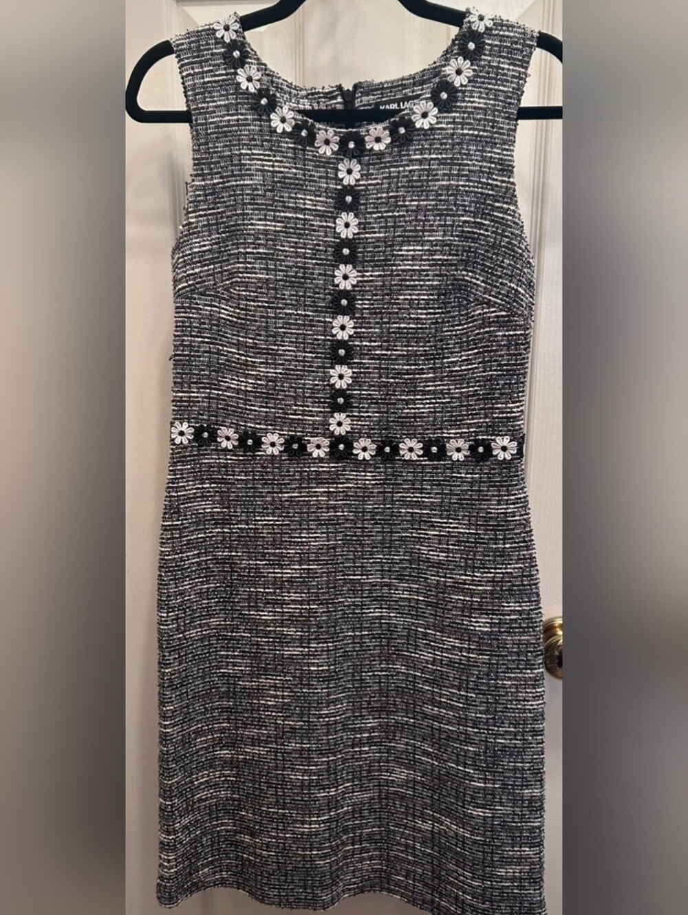 Karl Lagerfeld Black and White Tweed Midi Dress with Daisy Trim